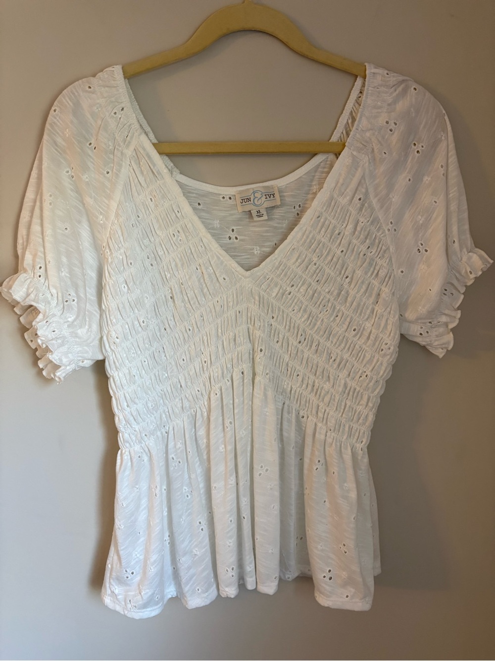 NWOT White Smocked Eyelet V-Neck Peplum Blouse